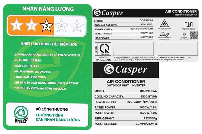 Điều hòa Casper Inverter 9000 BTU 1 chiều QC-09IU36A